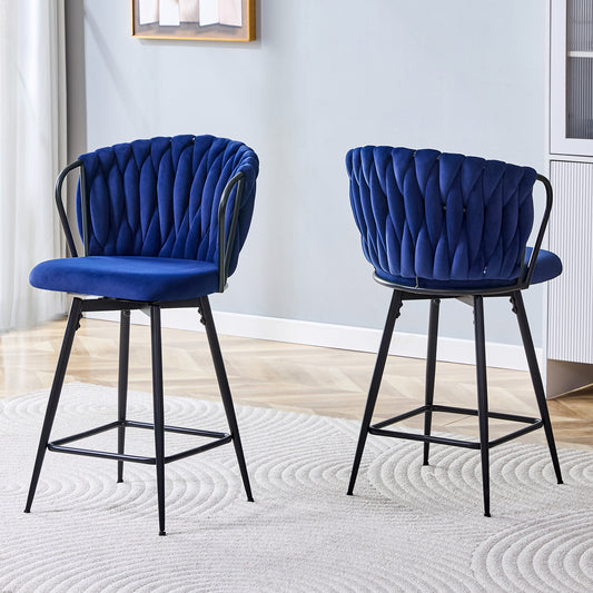 Set Of 2 Modern Velvet Braided Bar Stool With Metal Frame, Upholstered Counter Height Stool With Woven Rope Backrest For Kitchen Island, Home Bar Or Dining Area -Blue