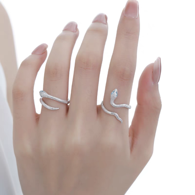 1 Pair 999 Sterling Silver Blue-Eyed Snake Couple Rings, Sparkly Textured Style, For Daily Wear & Valentine's Gifts