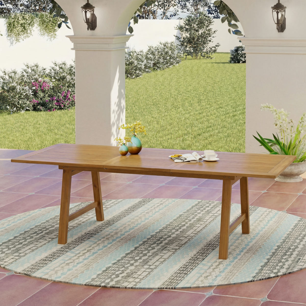 Extendable Acacia Wood Outdoor Dining Table, 59" to 78.74" Rectangular Patio Table with Slatted Top, Weather-Resistant Wooden Expandable Table for Backyard, Garden & Deck, Teak Finish