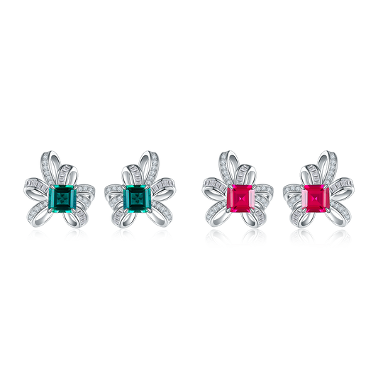 S925 Sterling Silver Bowknot Stud Earrings, 6x6mm Lab-Grown Ruby&Emerald With Mixed Pave Ribbon, Platinum Plated 3.2g Women's Jewelry Gift Box