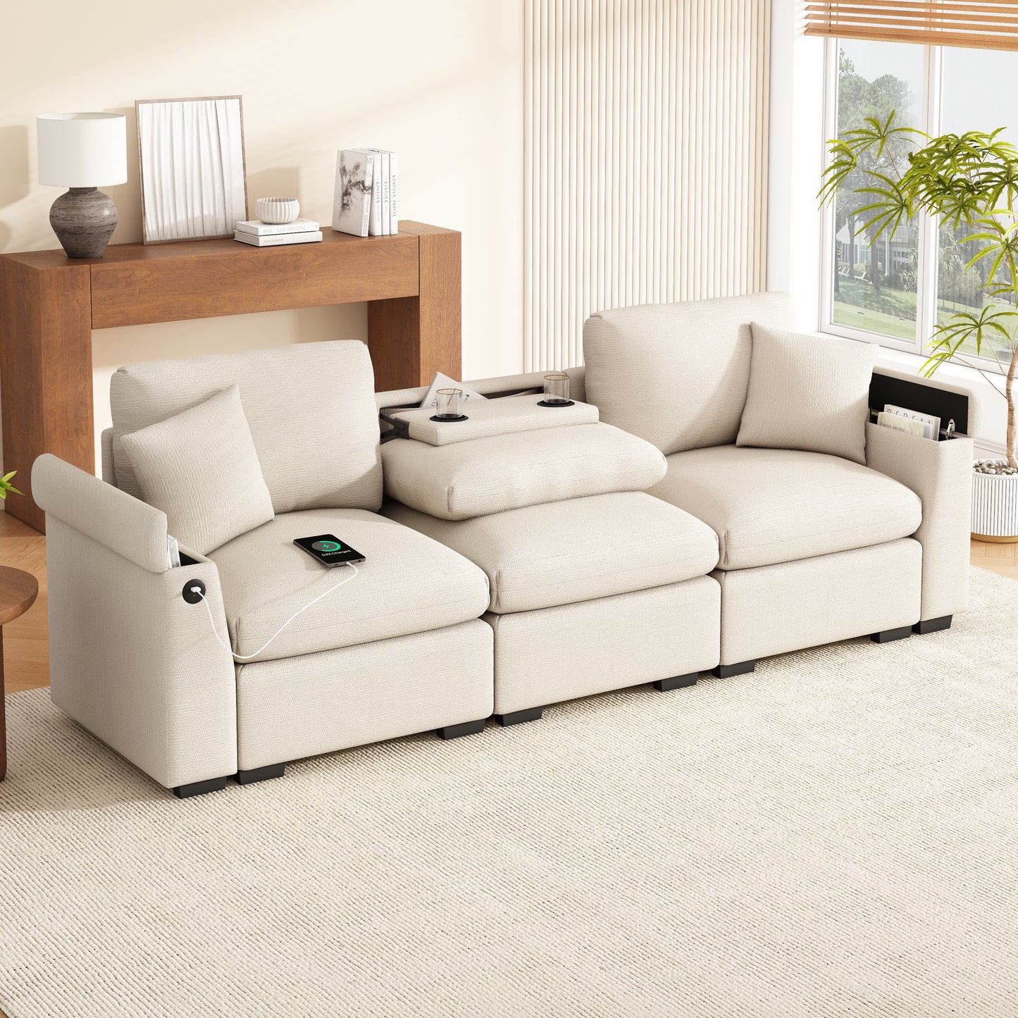 Modern Three-seater Sofa Made Of Chenille, Fabric Sofa With Cushions, Folding Table And USB Port, Cup Holder And Storage Space, A Multifunctional Sofa Suitable For Offices, Apartments And Home Theater