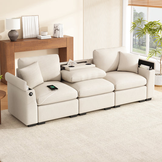 Modern Three-seater Sofa Made Of Chenille, Fabric Sofa With Cushions, Folding Table And USB Port, Cup Holder And Storage Space, A Multifunctional Sofa Suitable For Offices, Apartments And Home Theater