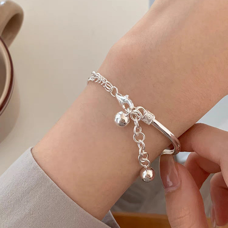 1pc 999 Sterling Silver Half-Bangle With Bead Tassel Bracelet, Minimalist Chinese Style, Perfect For Daily Wear & Valentine's Gifts