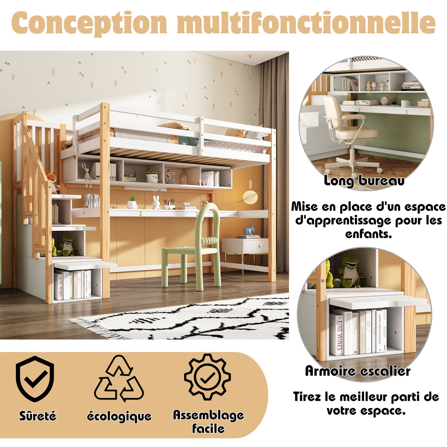 Children's Loft BedChildren's Bed With Large Desk And Shelves, Eco-Friendly Colors, Natural And White