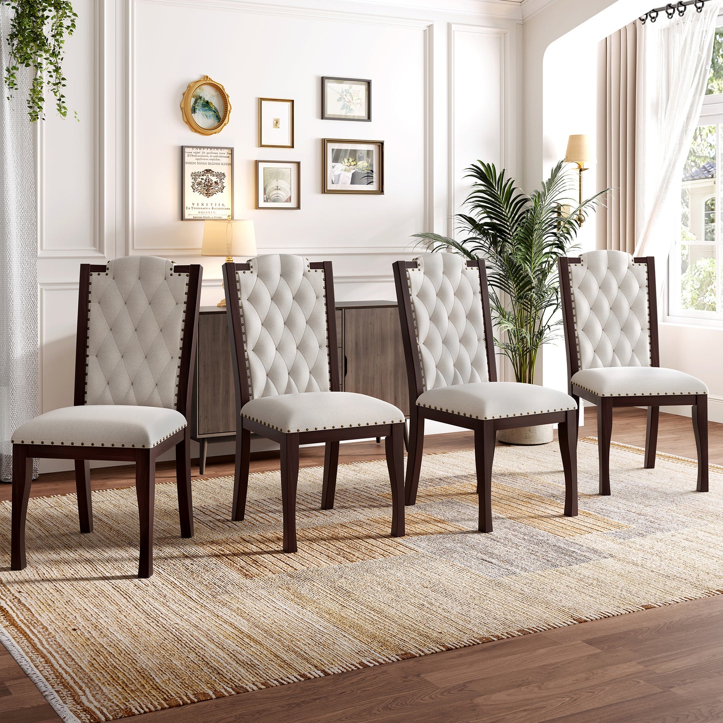Upholstered Dining Chairs Set Of 4, High Back Diamond Button Tufted Kitchen Chairs With Solid Wood Legs And Nailhead Trims For Dining Room, Living Room, Restaurant, Biege & Espresso