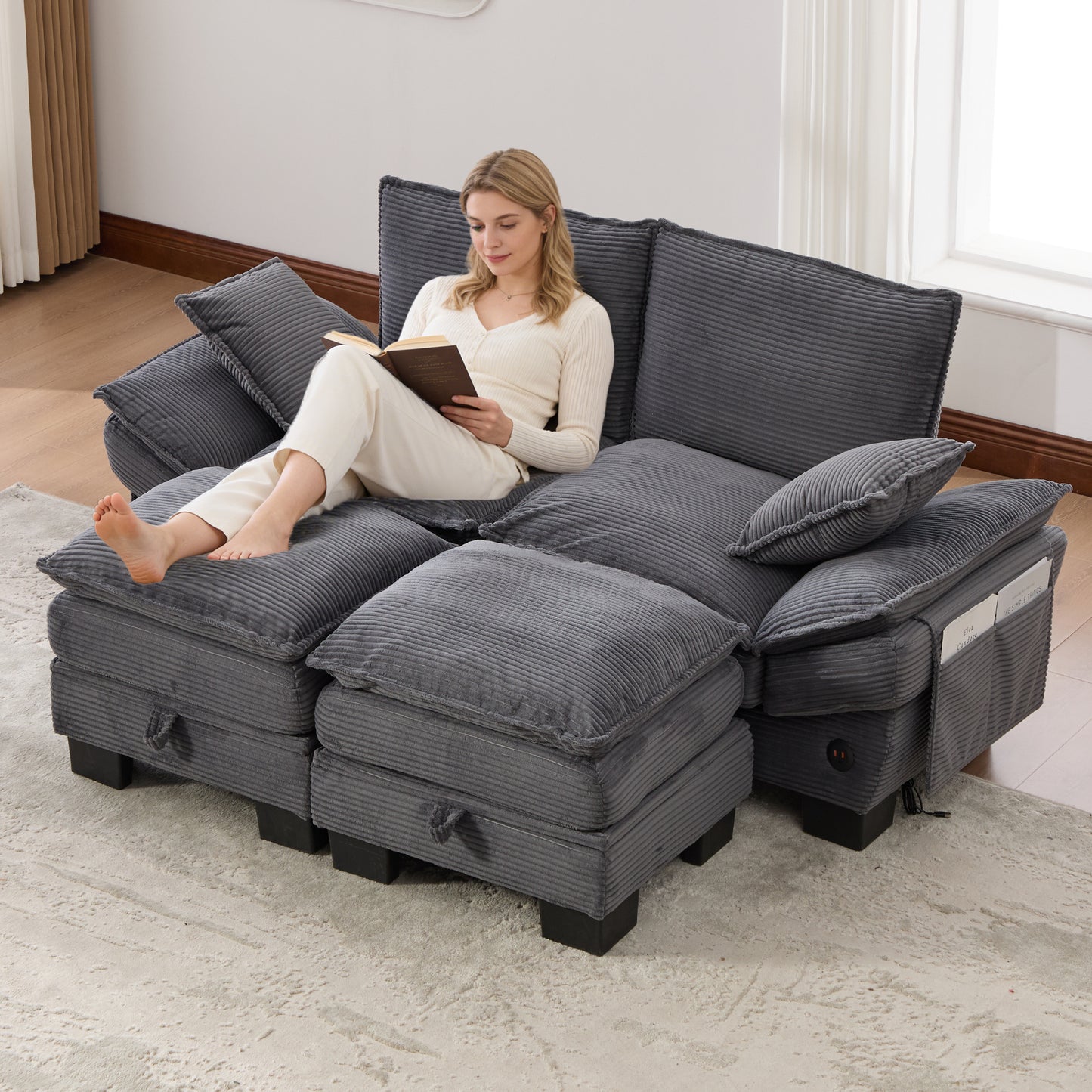 Modular 2-seater Corduroy Sofa  With 2 Stools Wide Seat, Ergonomic Design, High-density Foam Padding, USB-C Port And Side Pockets.Ideal For Living Room, Office Or Lounge.Garkdray