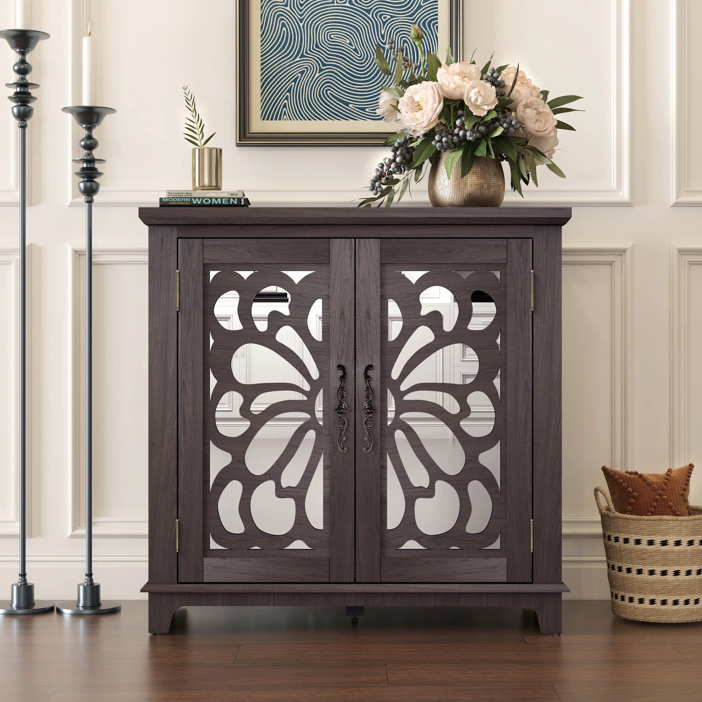 Elegant Sideboard With 2 Acrylic Mirrored Doors Sideboard And Buffet With Storage, Hollow-Carved Accent Cabinet Brown Laminates And MDF Substrate, Spacious Space Adjustable Shelf, Living Room, Kitchen