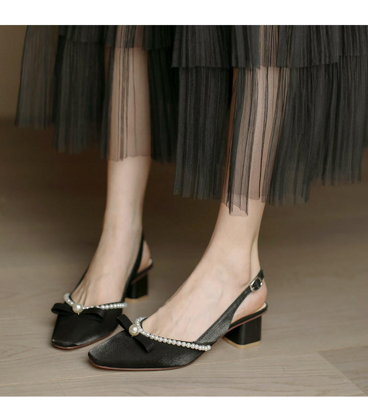 Women Vintage Gentle Lady Pearl Chain Mini Bow Satin Slingback Pumps Matching Casual Daily Wedding Tea Party Banquet Dress Heels