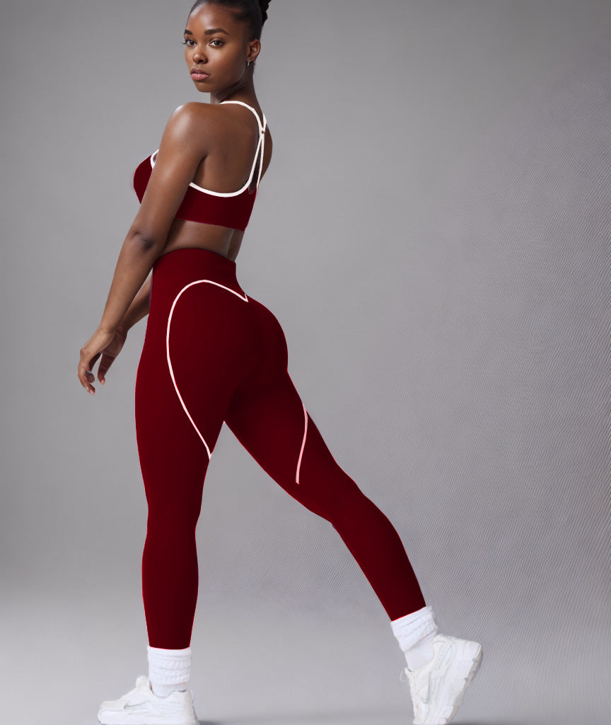 Women's Simple Nude Feel Beauty Back Exercise Contrast Color Bra Yoga Pants