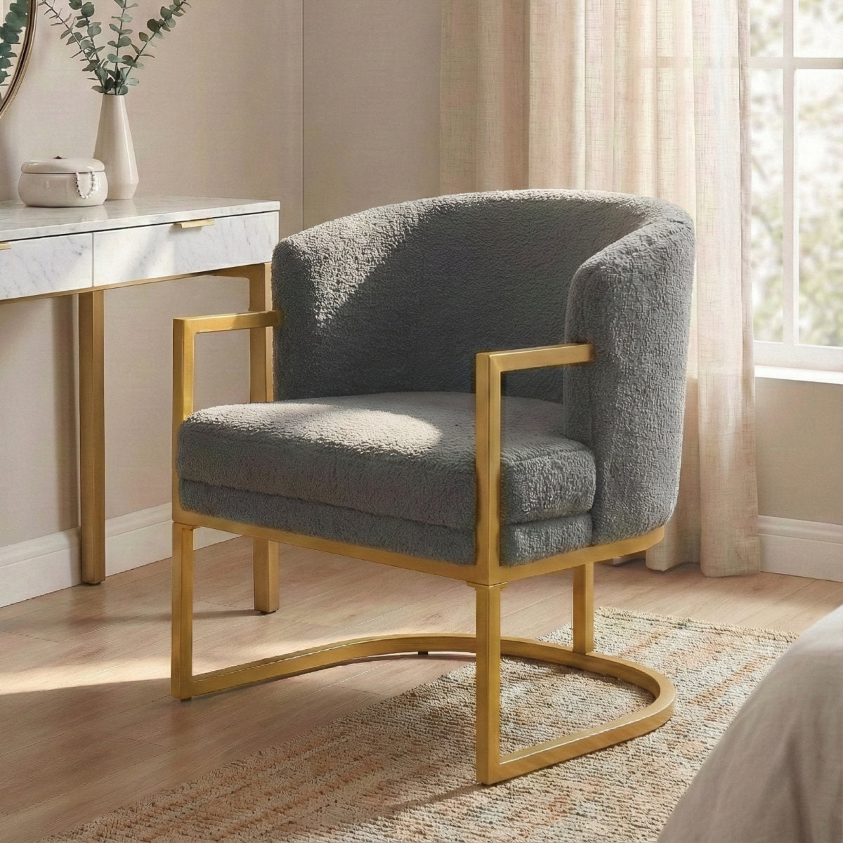 Modern Accent Chair Cozy Armchair Upholstered Reading Chair with Gold Metal Frame Living Room, Bedroom, or Office, Grey
