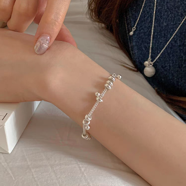 1pc 999 Sterling Silver Coil Bead Charm Bracelet, Minimalist Style, Perfect For Daily Wear And Valentine's Gift