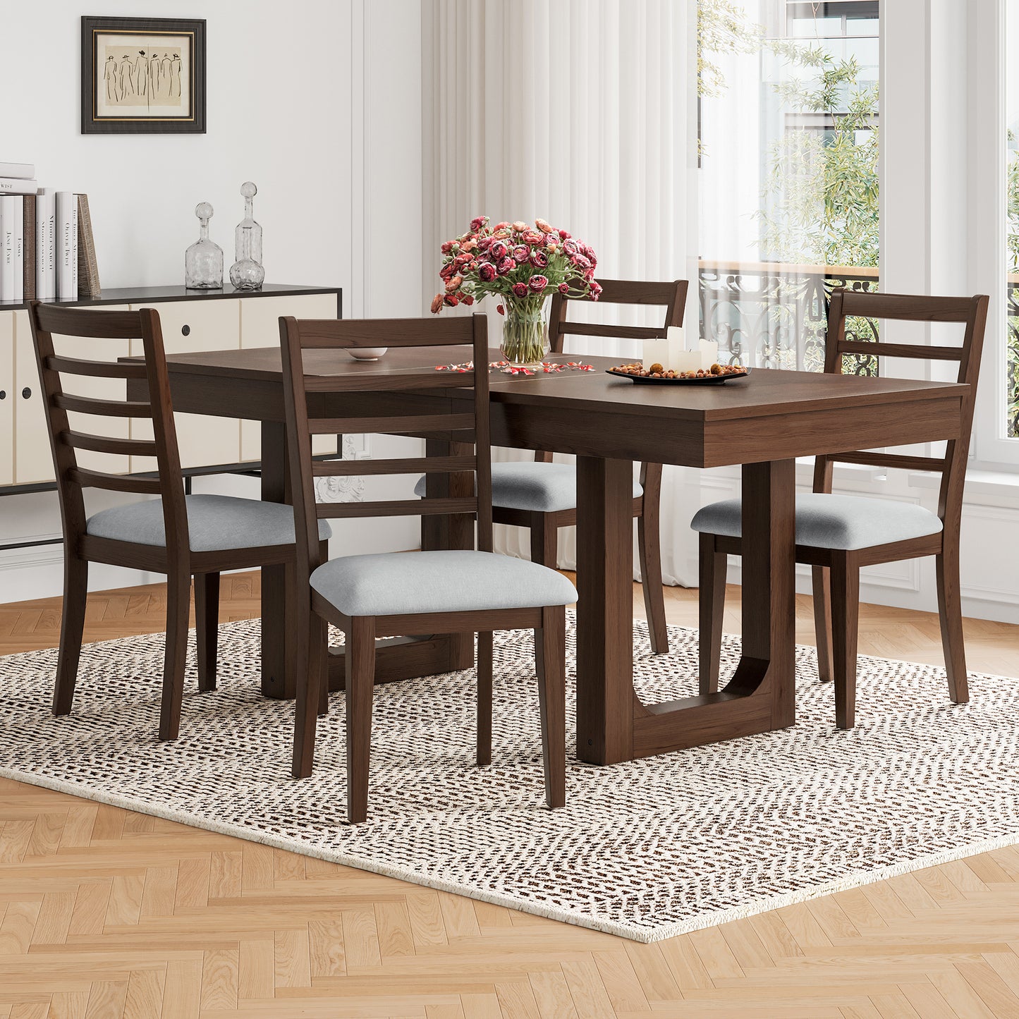 4-Piece Farmhouse Dining Chairs Set, Upholstered Dining Chairs With High Ladder Back, Classic Armless Chairs For Kitchen, Bedroom & Living Room, Walnut