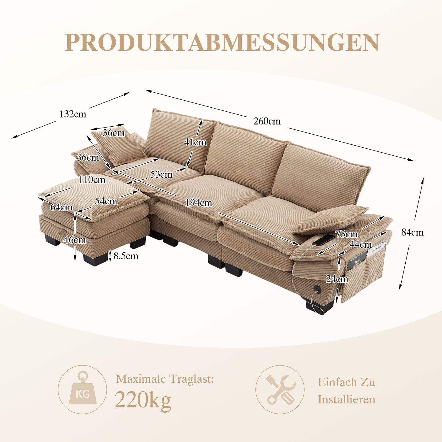 Modular 3-seater Corduroy Sofa  With 1 Stool Wide Seat, Ergonomic Design, High-density Foam Padding, USB-C Port And Side Pockets. Ideal For Living Room, Office Or Lounge.Khaki