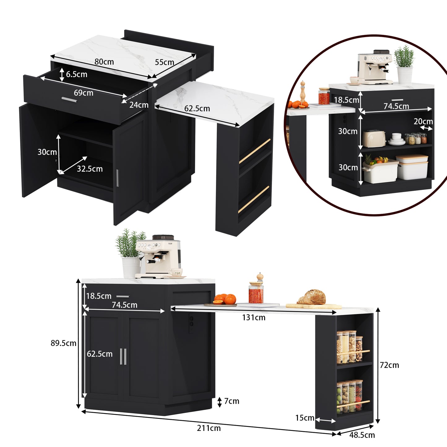 Kitchen Island With Extendable Dining Table For 4-6 People, Two-tone Kitchen Table, Socket, Storage Cupboard, 2 Drawers, 2 Shelves Open On The Sides
