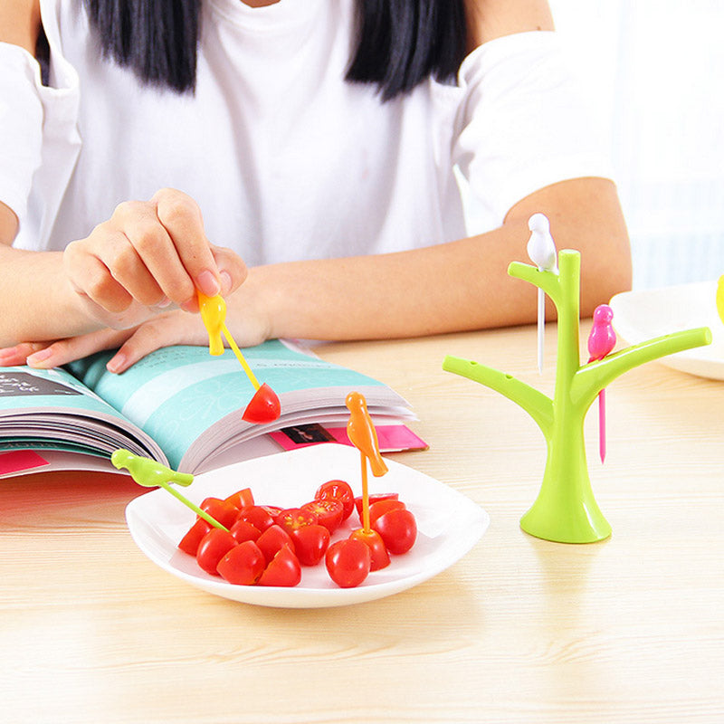 Food Picks For Kids Plastic Fruit Fork Tree Birds Dessert Fork Set Vegetable Food Cocktail Picks Dinnerware Food Decoration