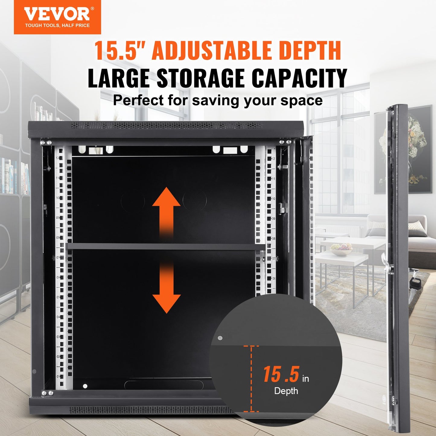 9U Wall Mount Network Server Cabinet, 15.5'' Deep, Server Rack Cabinet Enclosure, 200 Lbs Max. Ground-mounted Load Capacity, With Locking Glass Door Side Panels, For IT Equipment, A/V Devices