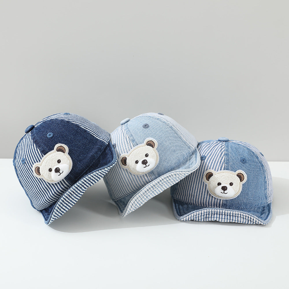 Children's Patchwork Striped Cartoon Bear Sewn Water-washed Distressed Fashion Casual Soft-brimmed Baseball Cap For Traveling And Shopping