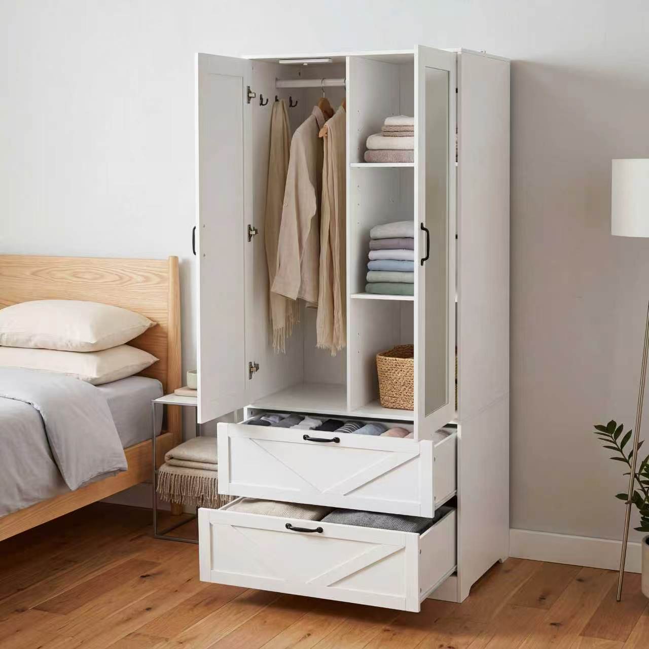 2 Door Wood Wardrobe For Bedroom With Hanging Clothing Rod Inside The Cabinet And 2 Drawers For Storage Organization, Built-in Induction Light Multifunctional Closet With Mirror, White