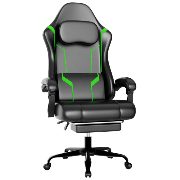 Ergonomic Gaming Chair, Video Game Chair With Pocket Spring Cushion And Footrest, Height Adjustable Computer Chair With Swivel Seat And Headrest  Faux Leather, Green