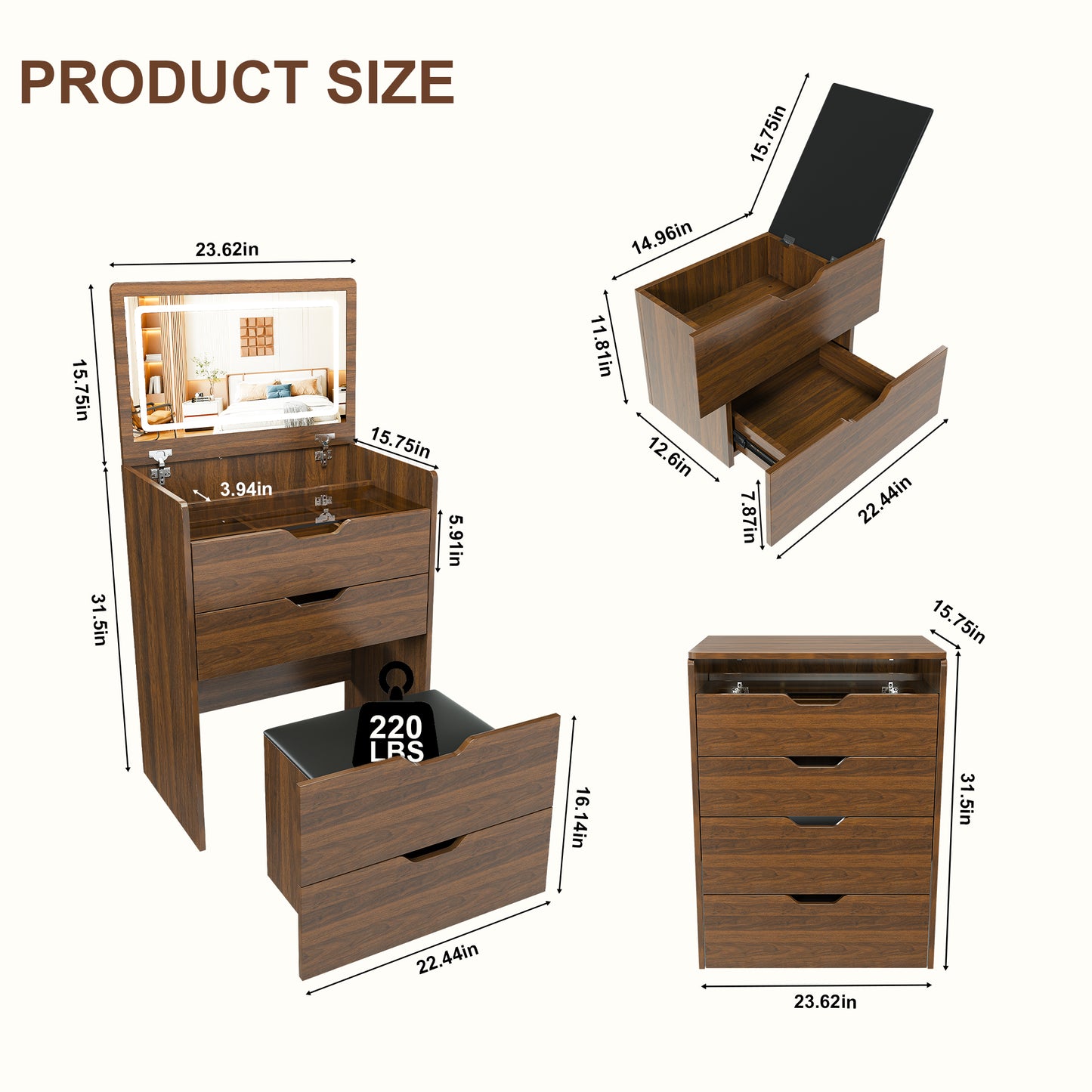 3-in-1 Vanity Desk With Lighted Mirror & Stool, Flip Top Makeup Dressing Table, Compact Storage For Bedroom, Bathroom, Dressing Room 23.62L, Walnut