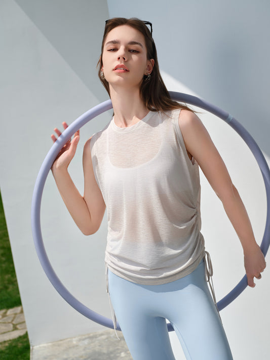 Women's Spring & Summer New Drawstring Sports Top, Loose Casual Quick-Dry Sleeveless Yoga Tank Top, Thin Fitness Shirt