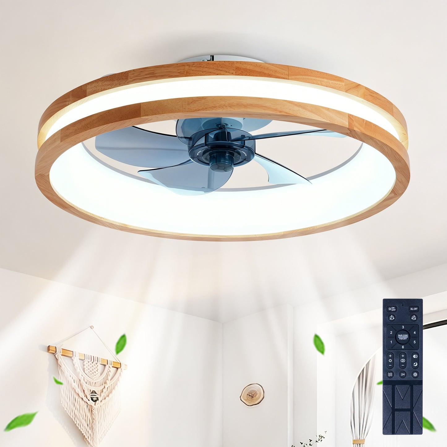 Ceiling Fans With Kit ,LED Light Source And Remote Control, 3000-6500K Dimmable Modern Flush Mount LED Fan Light, 6 Speeds, Quiet DC Motor For Living Room, Bedroom,Kitchen----Natural Wood   White