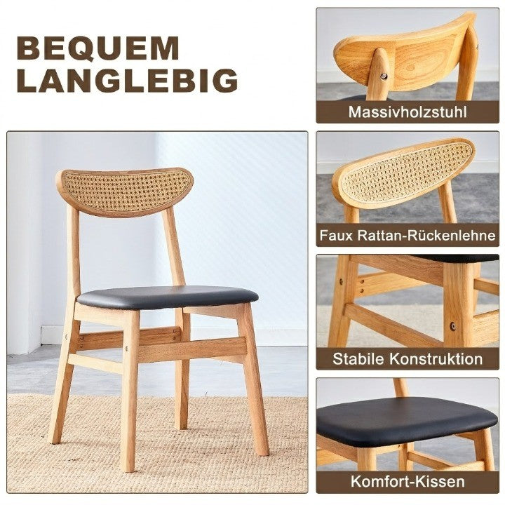 2-piece Set, Dining Chair With Solid Wood Backrest In Rattan, Individual Piece, Ergonomic Kitchen Chair With Cushioned Seat,Scandinavian Style