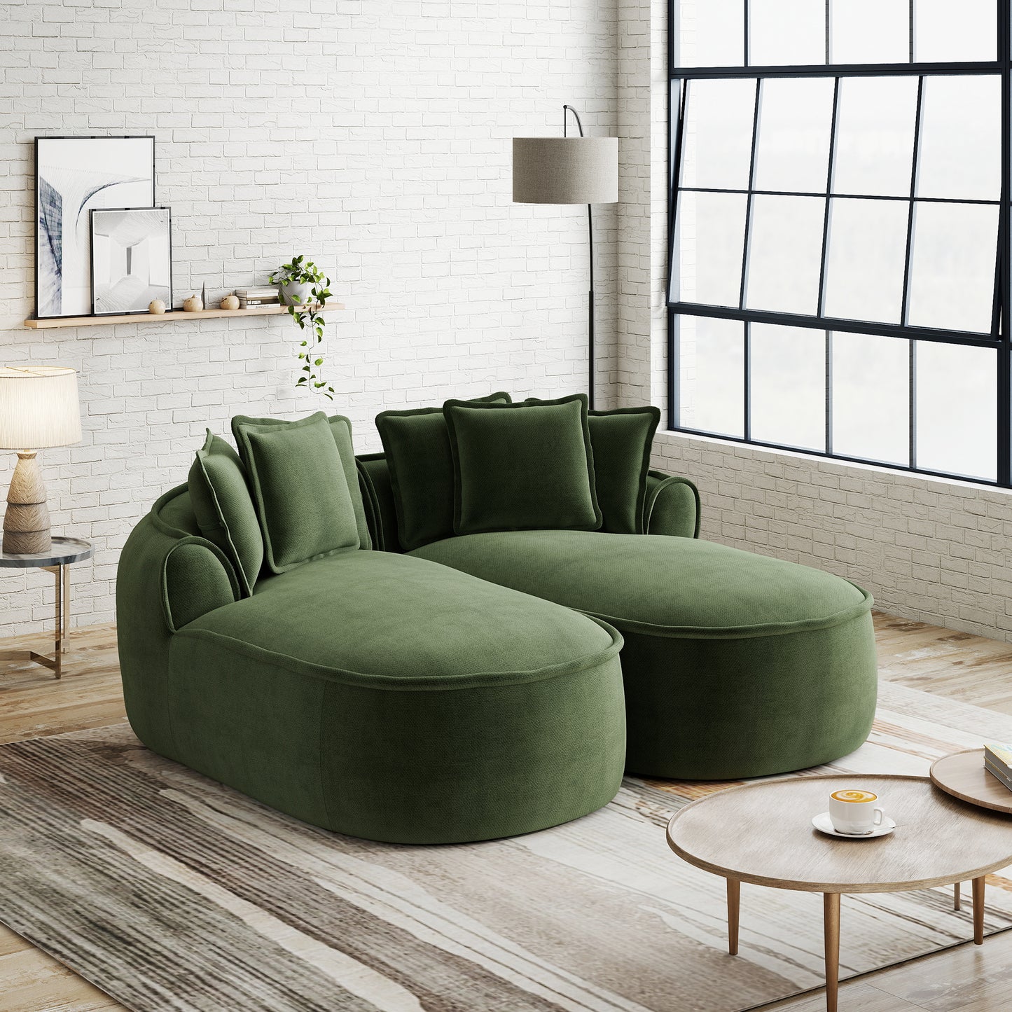 Comfortable Chenille Cloud Double Sofa, Frameless Design, Extra Large Double Chaise Longue, Including Cushions, No Setup Required, For Living Room,Green