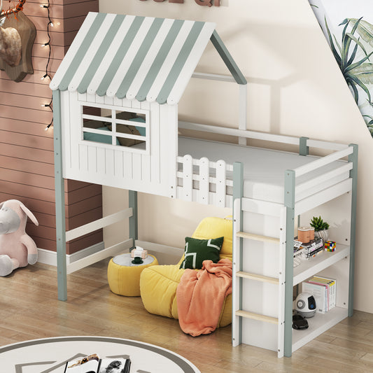 Children's Bed 90x200 Cm High And Low Bed For Boys And Girls Home Bed Roof Shape With Safety Ladder With Storage Compartment Multifunctional Bed Solid Wood Bed With Slatted Base Green