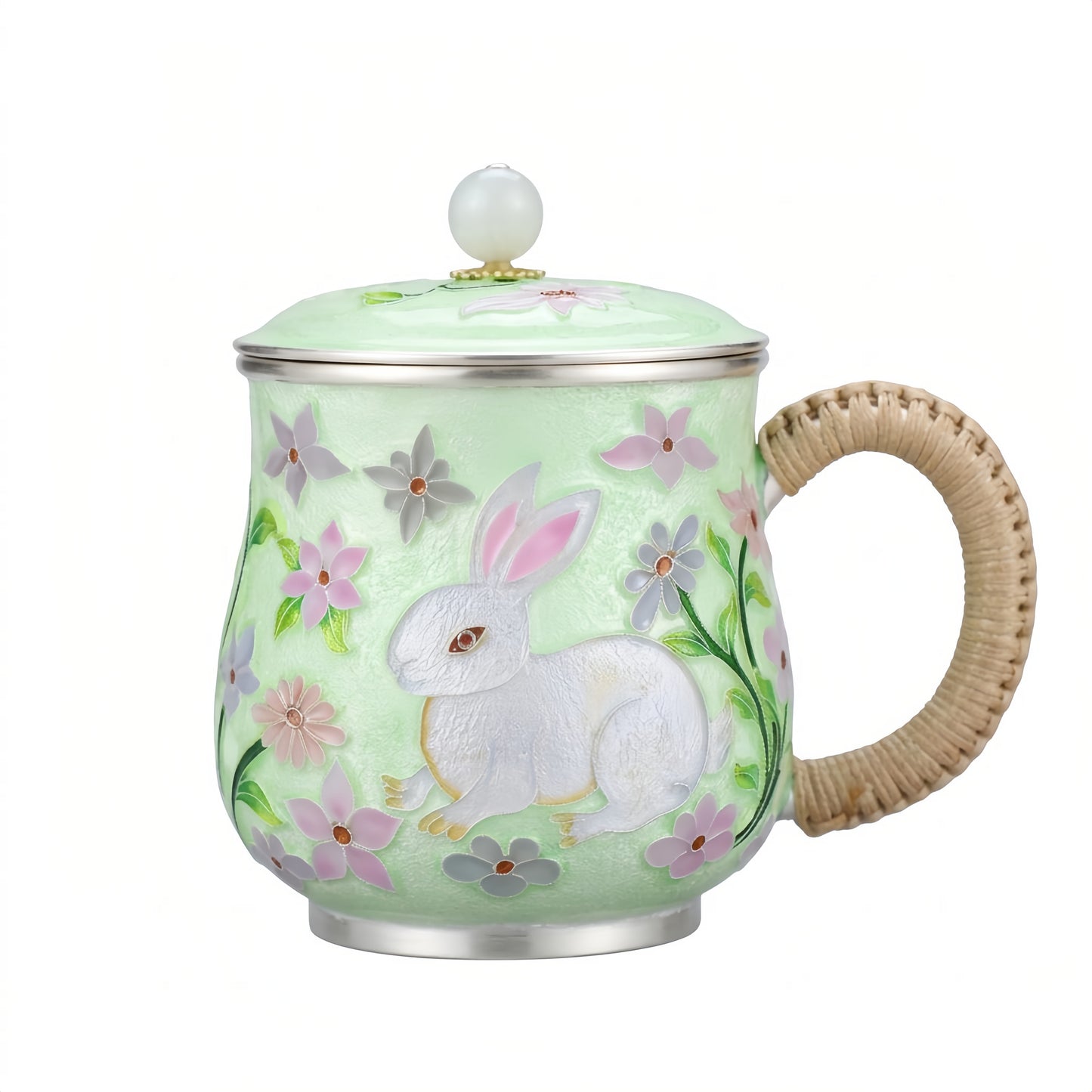 Pure 999 Fine Silver Enchanted Bunny Floral Mug with Woven Handle-Premium Indigo Tea Mug - Handicraft