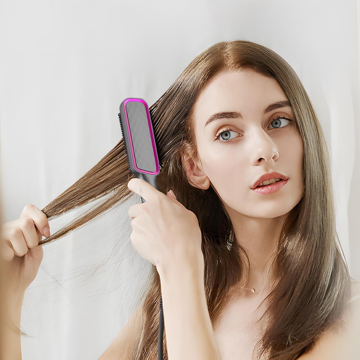2in1 Negative-ion Hair Straightener Brush Curling Salon Styling Comb Ceramic New--Grey