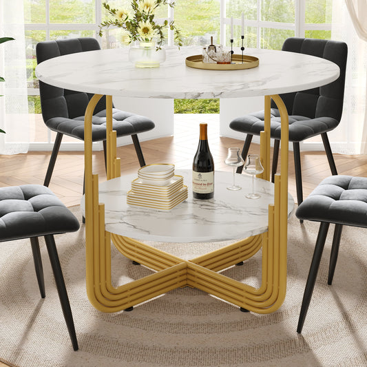 Round Dining Table 80x80x76cm, Kitchen Dining Table, Round Coffee Table For 4 People, Small Round Plate In The Middle For Storage, Suitable For Dining Room, Living Room, MDF Marble Table Top