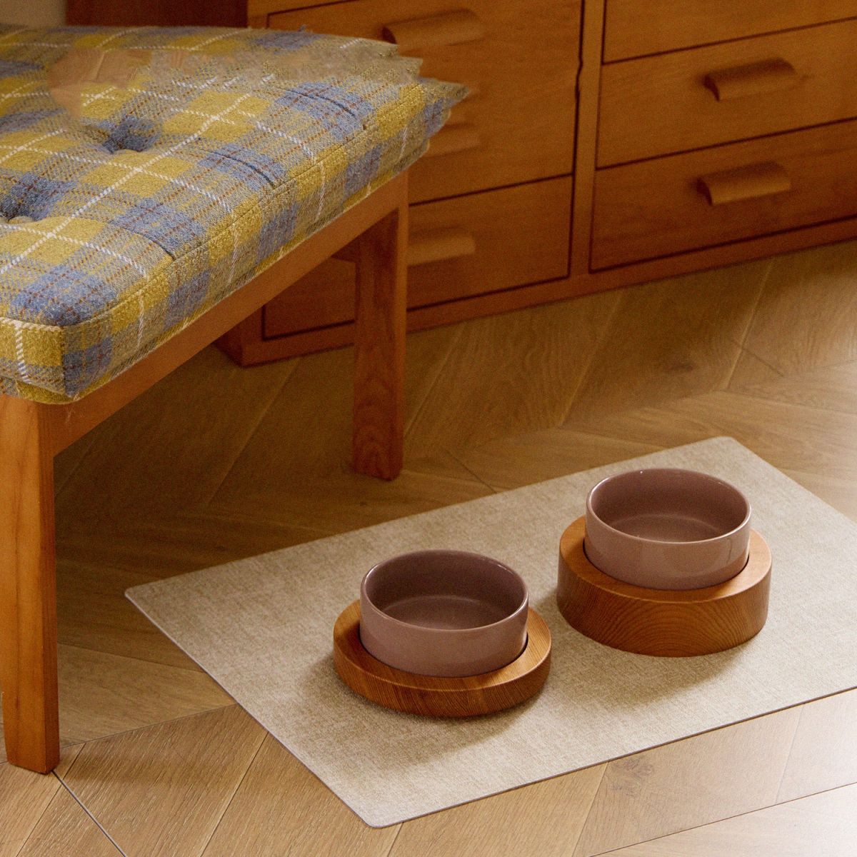 Portable Home Solid Wood Double Pet Bowl
