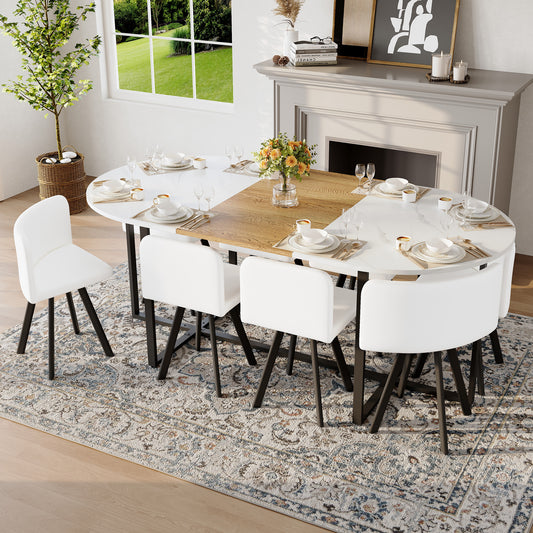 9-Piece Oval Dining Table Set, Fixed White Faux Marble & Wood Grain Triamine Tabletop With 8 White PU Leather Chairs, Modern Kitchen Table Set For 8 People, Ideal For Family Gatherings, Dining Room