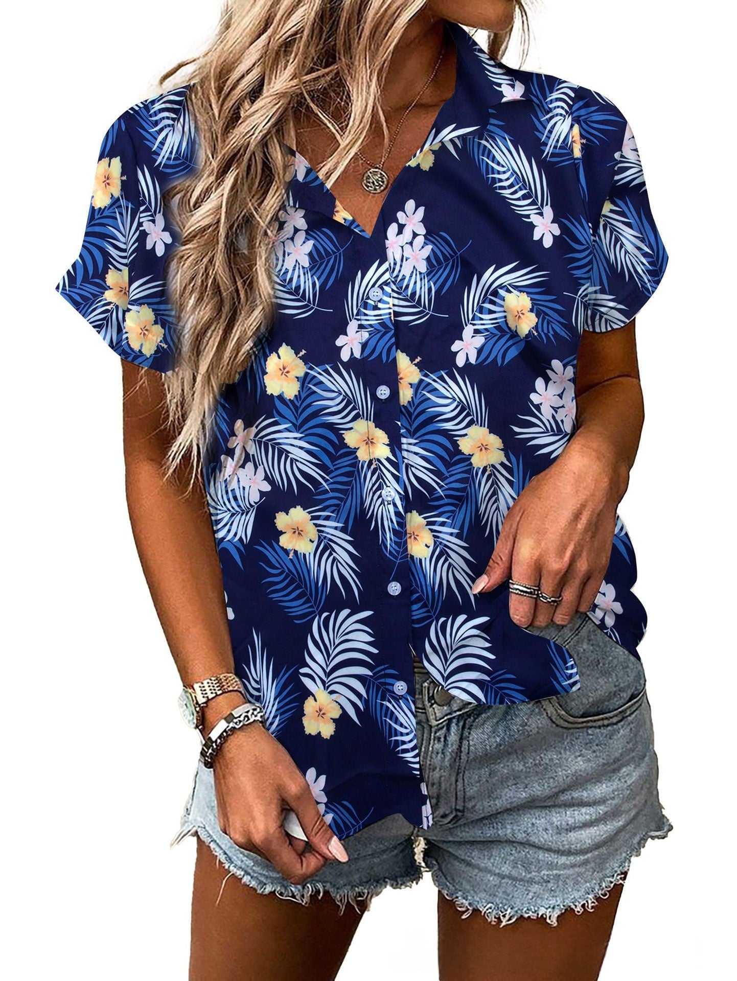 Womens Fashion Plus-Size Floral Loose-Fitting Shirt