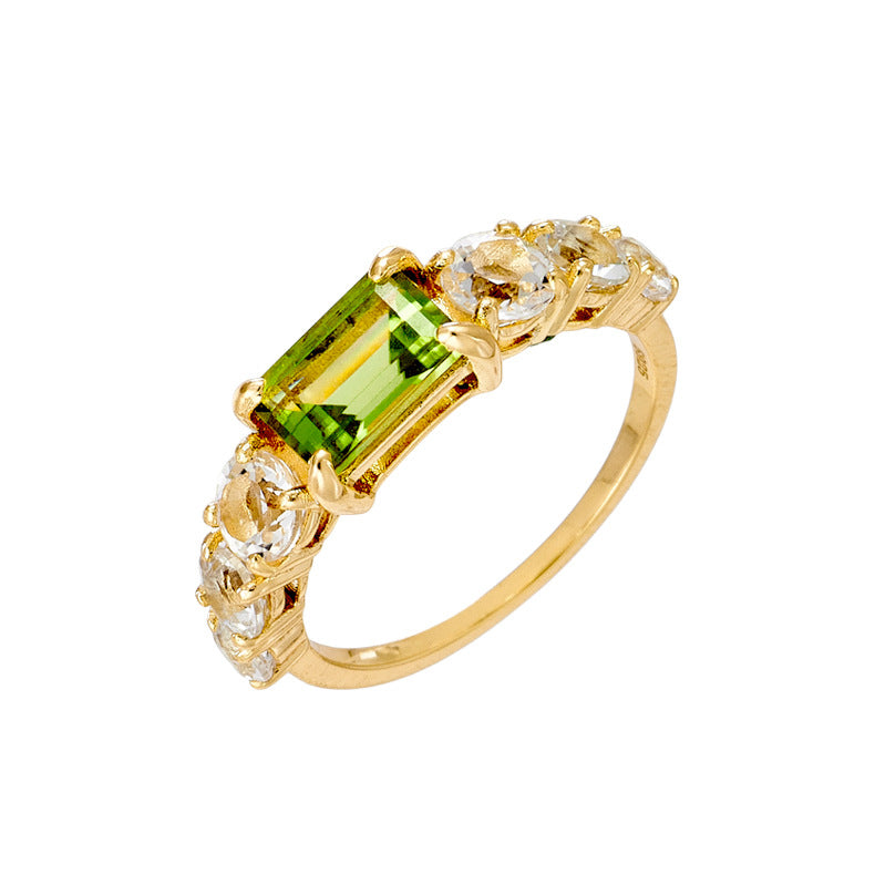 S925 Silver Plating K Gold Inlaid Rectangular Green Olive Ring