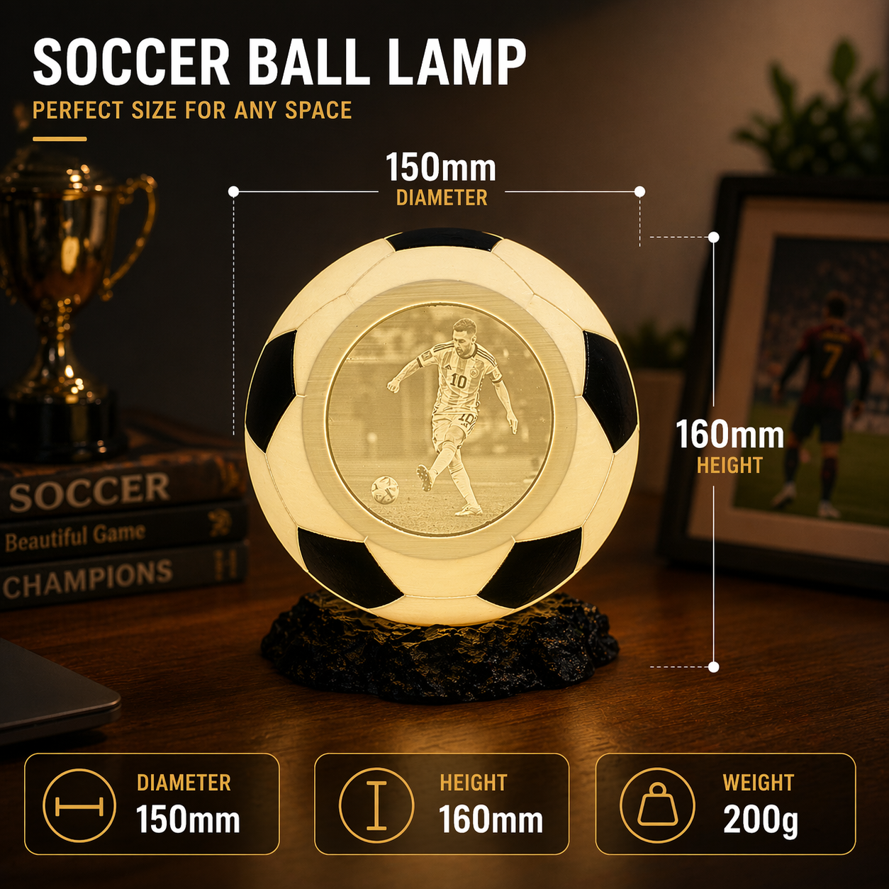 Soccer Photo Lamp, Custom Touch Night Light With 3 Color Modes, Football Lover Gift, Custom Picture LED Table Lamp