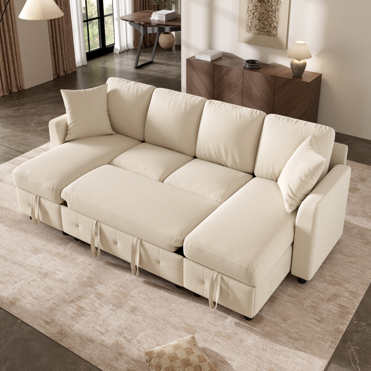 Modern Luxury Chenille U-Shaped Sectional Sofa With 2 Storage Chaise Lounges, 2 Square Cushions, Convertible Corner Sleeper Chair Bed, Comfy Couch For Living Room, Beige,  260 X 128 X 82 Cm