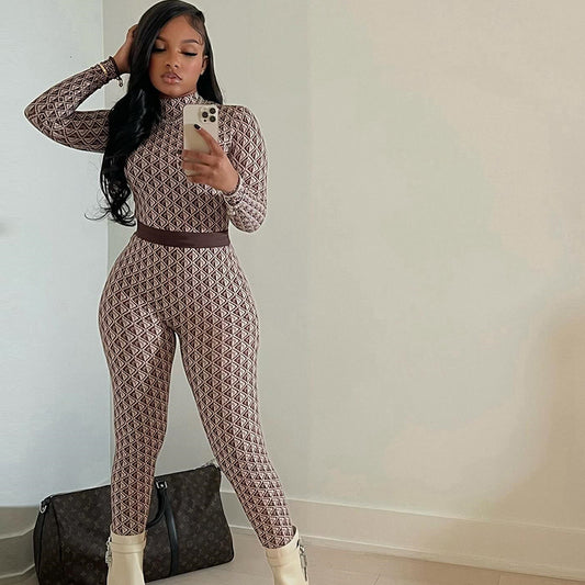 Women's Fashion Printed Street Round Neck Long Sleeve Fitness Jumpsuit