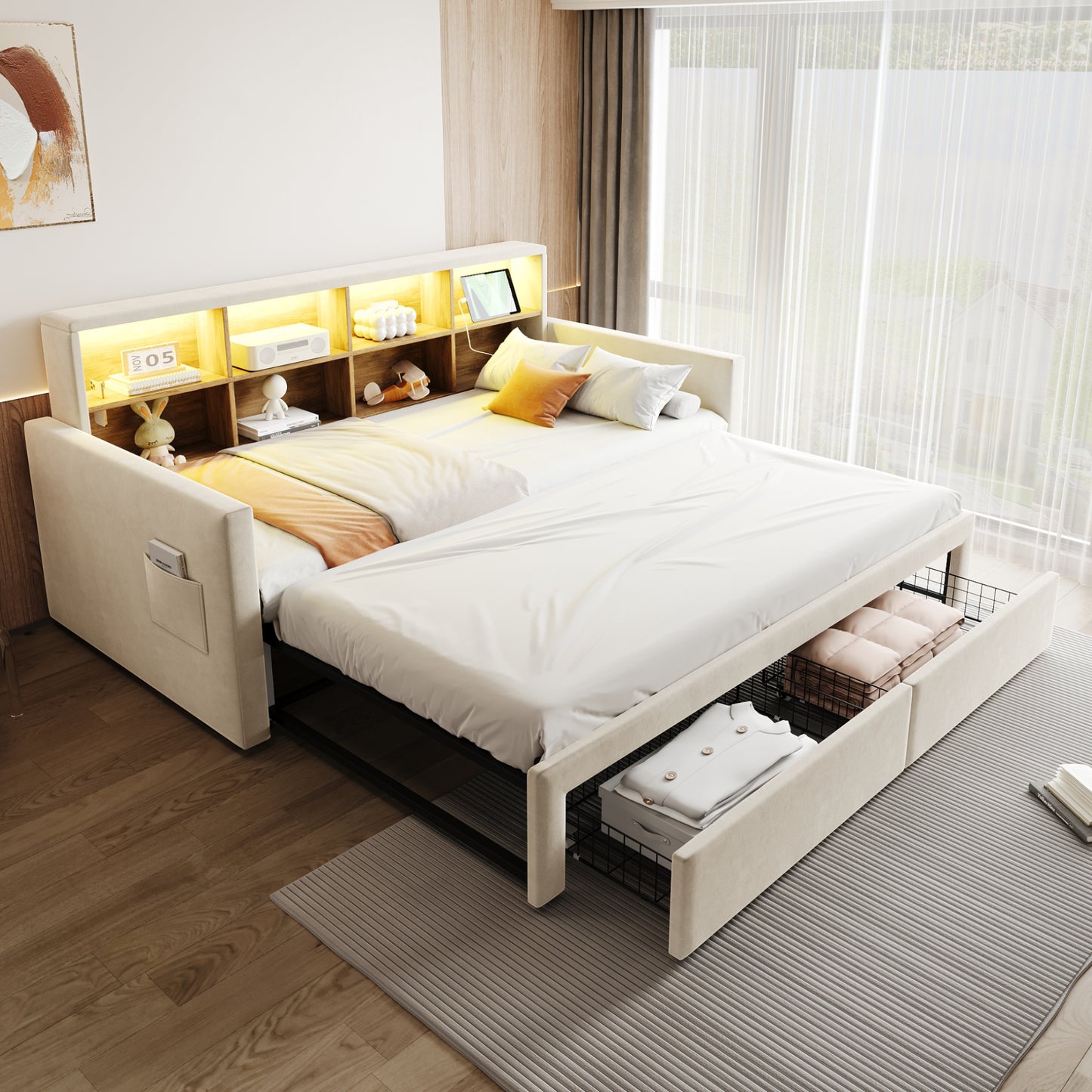 Pull-out Upholstered Bed Sofa Bed 90-180 X190cm, Headboard With Integrated Storage Compartments, LED Light Strip And Charging Sockets, With Two Drawers And Slatted Frame, Velvet Fabric Beige
