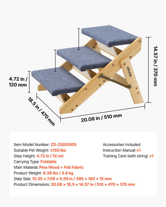 Wood Pet Stairs, 3-Step Dog Stairs For Beds, Sofa & Cars, 150lbs Load Capacity, Floded Flat Design, Stable & Sturdy Cat & Dog Step Ladder For Small Medium Large Older Pet Puppy