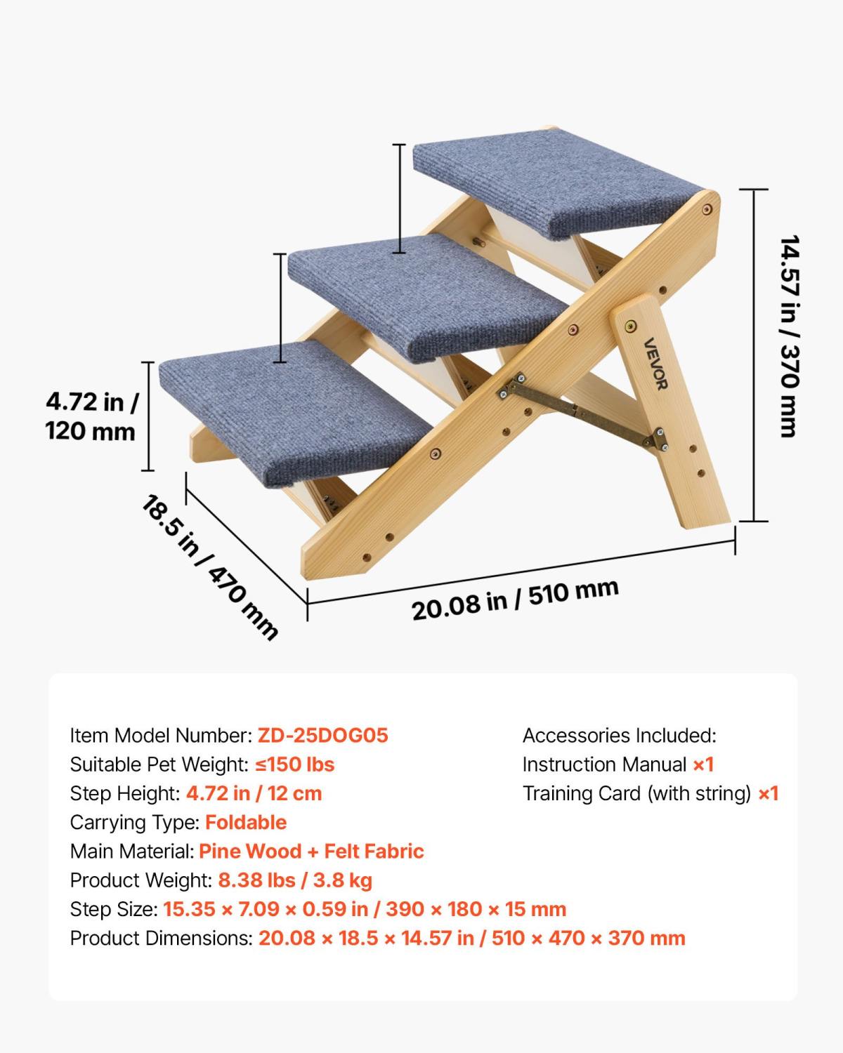 Wood Pet Stairs, 3-Step Dog Stairs For Beds, Sofa & Cars, 150lbs Load Capacity, Floded Flat Design, Stable & Sturdy Cat & Dog Step Ladder For Small Medium Large Older Pet Puppy
