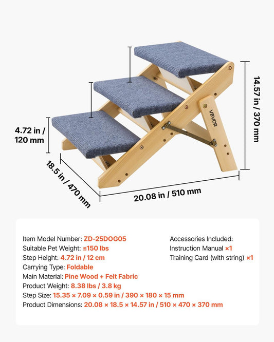 Wood Pet Stairs, 3-Step Dog Stairs For Beds, Sofa & Cars, 150lbs Load Capacity, Floded Flat Design, Stable & Sturdy Cat & Dog Step Ladder For Small Medium Large Older Pet Puppy