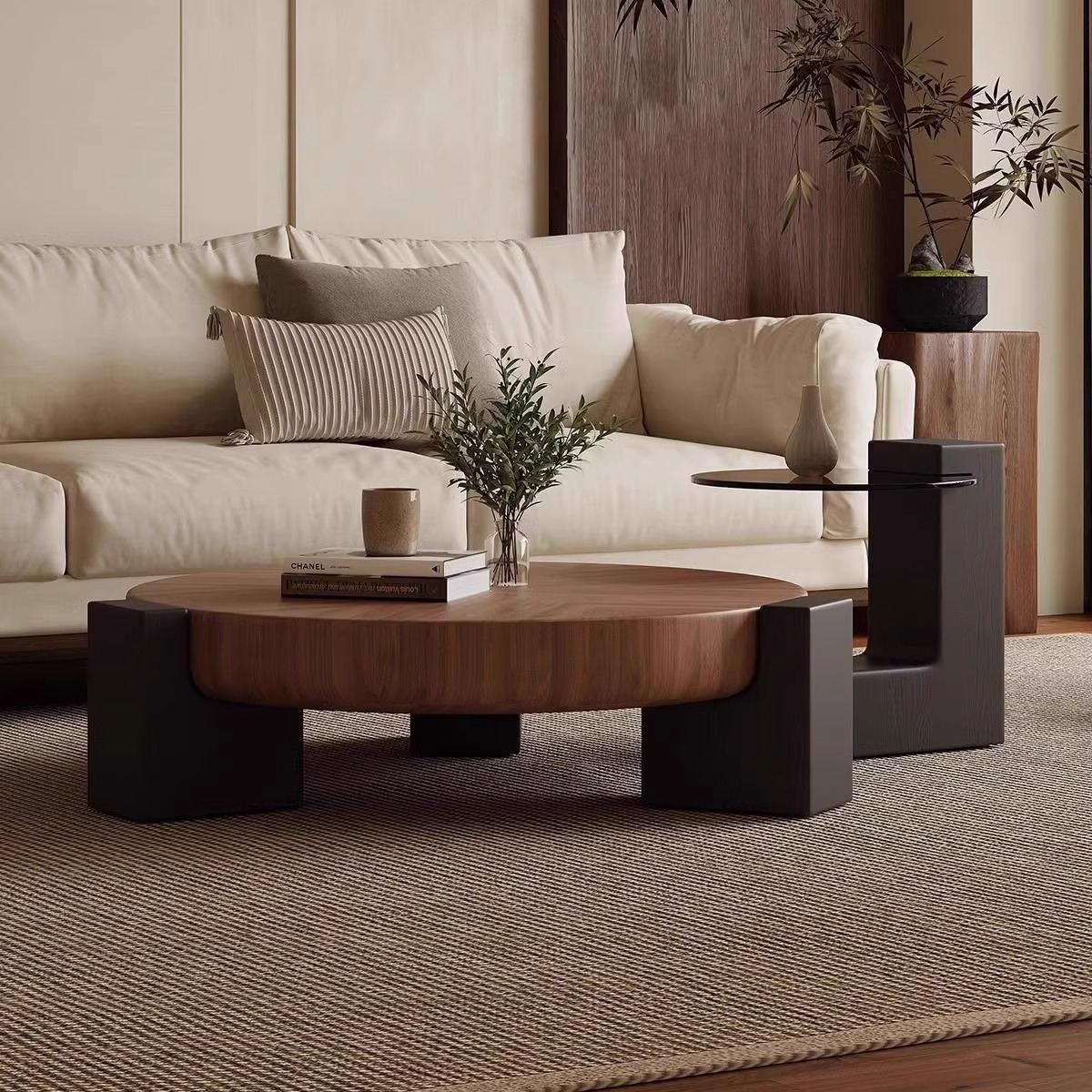 Walnut Coffee Table Set With A Round Tea Table
