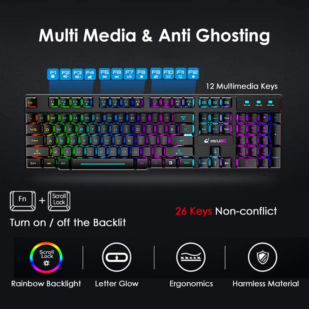 2.4G Wireless Gaming Keyboard&2400DPI Mouse Set Rainbow Backlit For Gamer Office