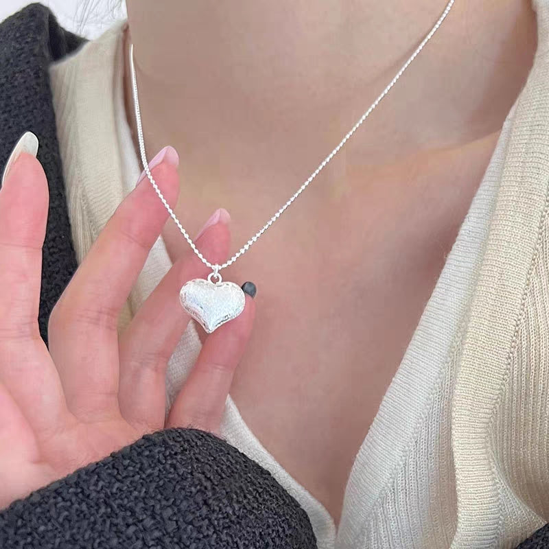 1pc 999 Sterling Silver Matte Heart Pendant Ball Chain Necklace, Minimalist Sweet Style, Perfect For Daily Wear & Valentine's Gifts