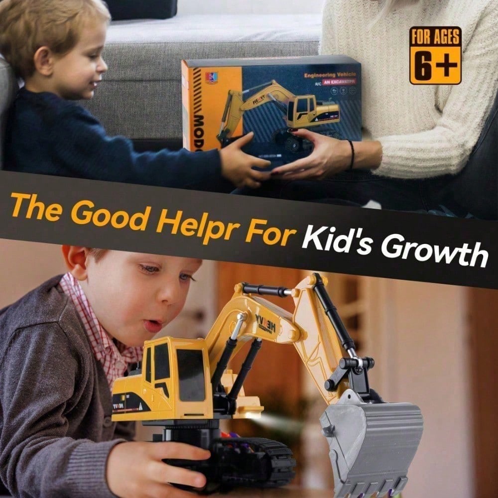 T1 22 RC Excavator Toy For Kids, Remote Control Construction Vehicle With Lights And Flexible Arm, 6CH Rechargeable Engineering Digger Truck Gift For Children, Toys For Boys, Construction Toys