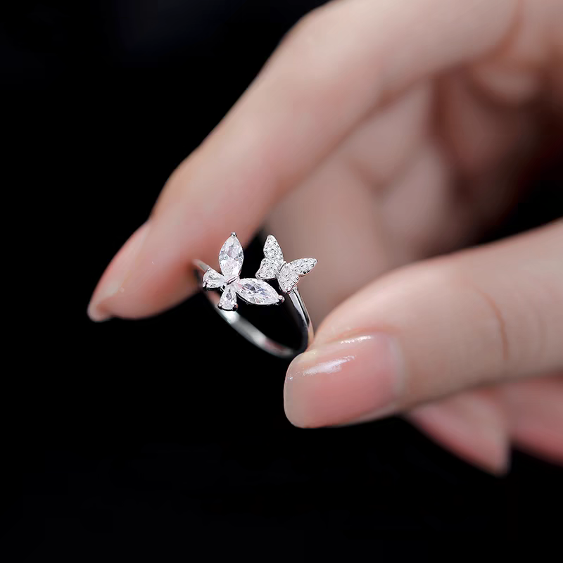 1 Piece 999 Sterling Silver Double Butterfly CZ Ring, Open Adjustable Band Style, For Daily Wear & Valentine's Gifts