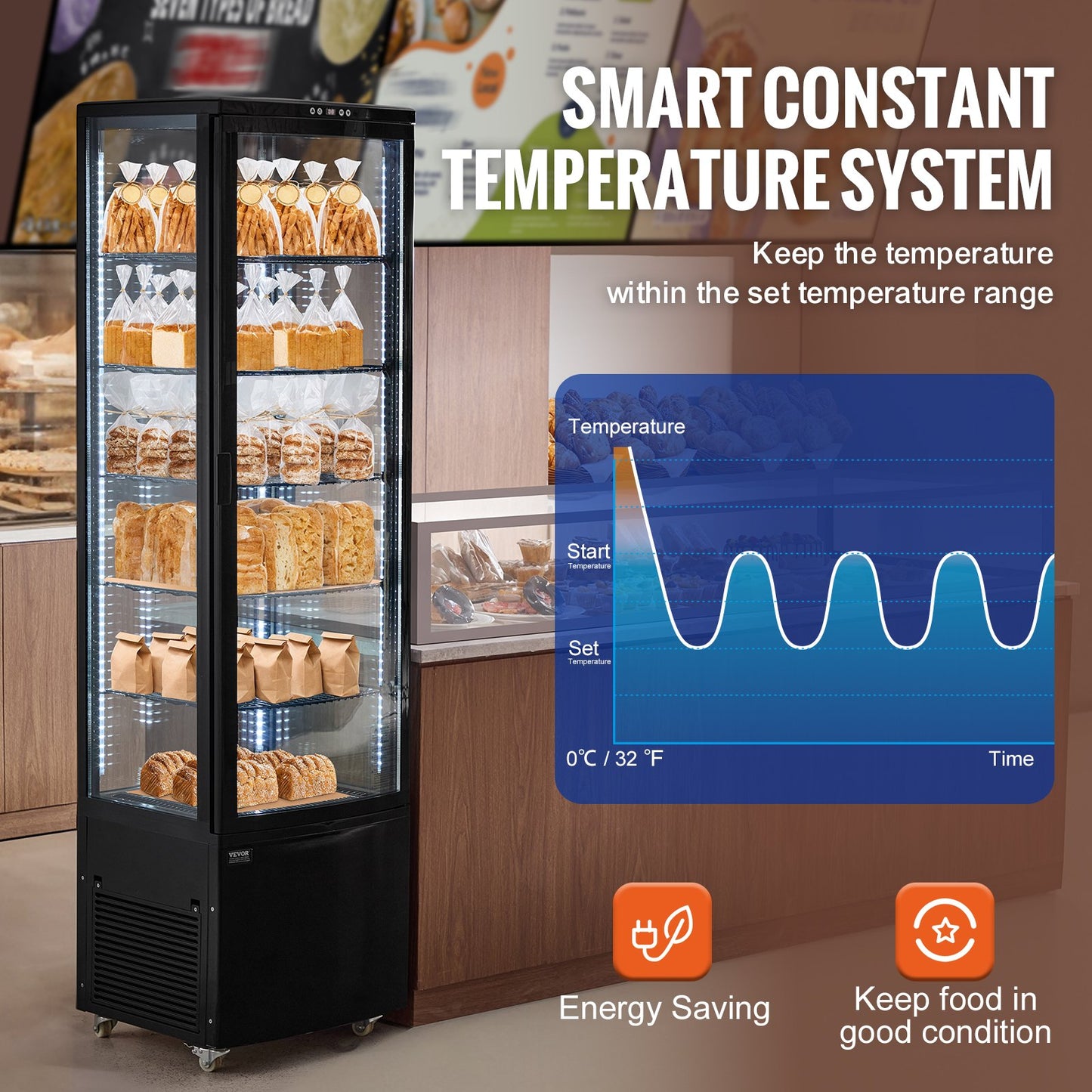 Refrigerated Display Case, 9.8 Cu.Ft./278L Large Pastry Display Case, 5-Tier Commercial Display Refrigerator With LED Lighting, TURBO Cooling, Frost-Free Air-Cooling, For Bakery