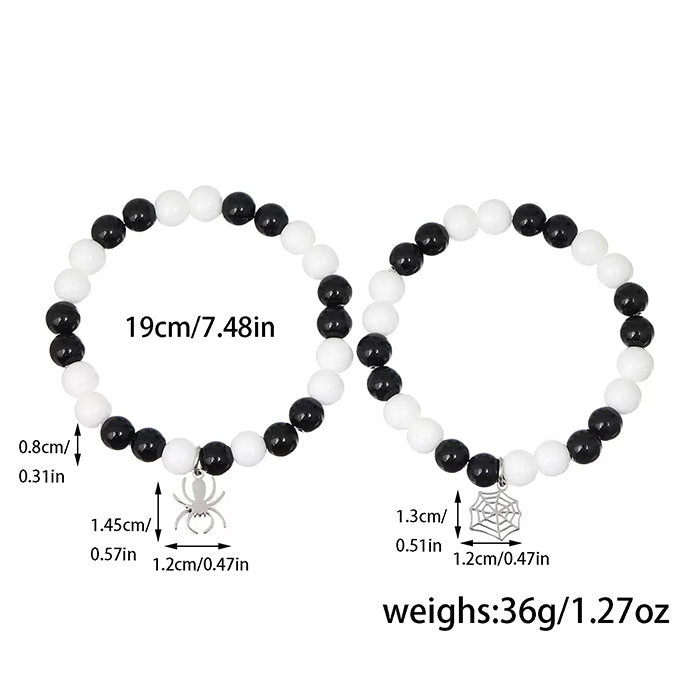 Spider Web Couple Bracelet Set, Black White Round Beaded Wrist Band, Stainless Steel Spider Web Charm Pair Jewelry, Gothic Halloween Daily Fashion Accessory Gift